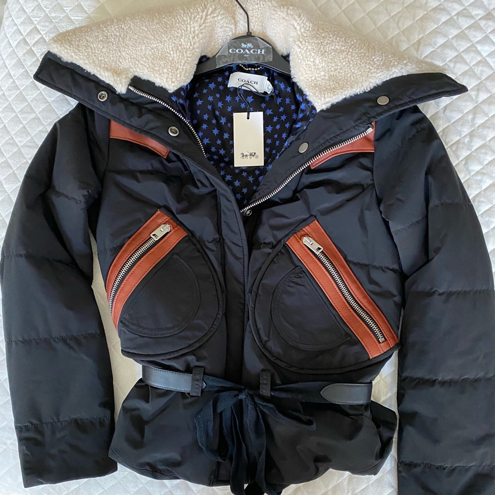 Coach Black Puffer Jacket with Shearling Collar and Leather Trim